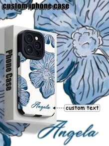 Blaue Blumen personalisierte Handyhülle, individualisierbare Name/Text TPU Leder-Textur weiche Rundum-Schutzhülle kompatibel mit Apple Handy Serie 6/7/8/XS/XR/11/12/13/14/15 Plus, ideales Geschenk für Hochzeit, Halloween, Winter, Abschlussball, Herbst, Muttertag, Vatertag Handyhülle, Handycover, Handyzubehör