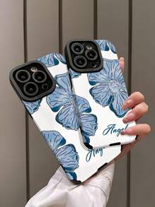 Blaue Blumen personalisierte Handyhülle, individualisierbare Name/Text TPU Leder-Textur weiche Rundum-Schutzhülle kompatibel mit Apple Handy Serie 6/7/8/XS/XR/11/12/13/14/15 Plus, ideales Geschenk für Hochzeit, Halloween, Winter, Abschlussball, Herbst, Muttertag, Vatertag Handyhülle, Handycover, Handyzubehör