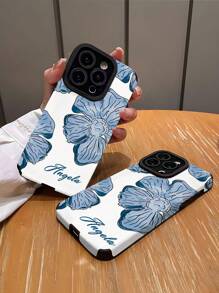 Blaue Blumen personalisierte Handyhülle, individualisierbare Name/Text TPU Leder-Textur weiche Rundum-Schutzhülle kompatibel mit Apple Handy Serie 6/7/8/XS/XR/11/12/13/14/15 Plus, ideales Geschenk für Hochzeit, Halloween, Winter, Abschlussball, Herbst, Muttertag, Vatertag Handyhülle, Handycover, Handyzubehör
