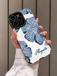 Blaue Blumen personalisierte Handyhülle, individualisierbare Name/Text TPU Leder-Textur weiche Rundum-Schutzhülle kompatibel mit Apple Handy Serie 6/7/8/XS/XR/11/12/13/14/15 Plus, ideales Geschenk für Hochzeit, Halloween, Winter, Abschlussball, Herbst, Muttertag, Vatertag Handyhülle, Handycover, Handyzubehör
