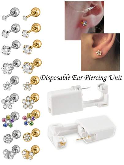 1PC Easy To Use Disposable Sterile Ear Piercer With Flower Gem Ball Buckle Set Piercing Gun Body Piercing Jewelry Valentines,Mom,Mother,Mother's Day,Gift