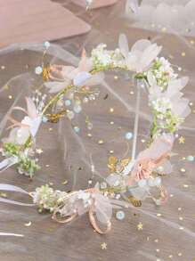 1 pieza Diadema de niña de las flores, diadema de corona de flores estilo princesa coreana Mori, para boda, diadema de princesa adolescente con flores y cintas flotantes, cinta trenzada dulce para el cabello, accesorio para el cabello de niña para cumpleaños, cinta trenzada resistente - Multicolor - Ver 8