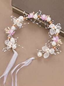 1 pieza Diadema de niña de las flores, diadema de corona de flores estilo princesa coreana Mori, para boda, diadema de princesa adolescente con flores y cintas flotantes, cinta trenzada dulce para el cabello, accesorio para el cabello de niña para cumpleaños, cinta trenzada resistente - Multicolor - Ver 4