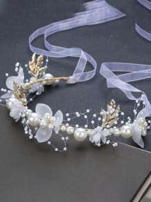 1 pieza Diadema de niña de las flores, diadema de corona de flores estilo princesa coreana Mori, para boda, diadema de princesa adolescente con flores y cintas flotantes, cinta trenzada dulce para el cabello, accesorio para el cabello de niña para cumpleaños, cinta trenzada resistente - Multicolor - Ver 5