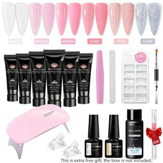 16件套美甲凝胶套装，粉色闪光凝胶，夏季粉色美甲快速延长凝胶套装，包含滑液、底胶和封层、甲片、美甲刷工具，亚克力美甲延长套装，美甲入门套装，美甲DIY家庭沙龙礼物，送给女性的亚克力美甲套装