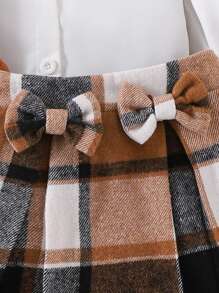 3 piezas Conjunto de camisa de manga larga, chaleco y falda a cuadros de estilo universitario de moda para niña joven, para primavera y otoño