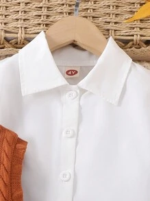 3 piezas Conjunto de camisa de manga larga, chaleco y falda a cuadros de estilo universitario de moda para niña joven, para primavera y otoño