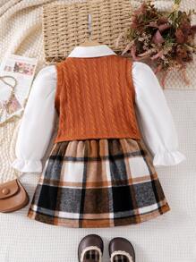 3 piezas Conjunto de camisa de manga larga, chaleco y falda a cuadros de estilo universitario de moda para niña joven, para primavera y otoño