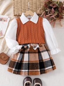 3 piezas Conjunto de camisa de manga larga, chaleco y falda a cuadros de estilo universitario de moda para niña joven, para primavera y otoño