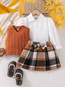 3 piezas Conjunto de camisa de manga larga, chaleco y falda a cuadros de estilo universitario de moda para niña joven, para primavera y otoño