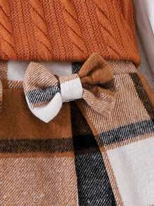 3 piezas Conjunto de camisa de manga larga, chaleco y falda a cuadros de estilo universitario de moda para niña joven, para primavera y otoño