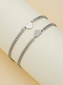 2 peças Pulseiras de Casal com Corrente de Aço Inoxidável em forma de Coração, Presente Combinado para Mulheres, Feriados e Datas, Dia dos Namorados - Prata - Visão 2