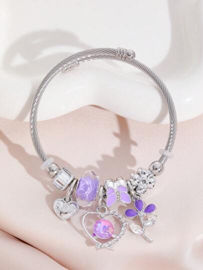1 pièce Bracelet jonc en acier inoxydable pour femmes, mignonne et à la mode, émaillé avec strass, papillon, étoile et pendentifs en cœur, convient pour un usage quotidien, les fêtes et les cadeaux