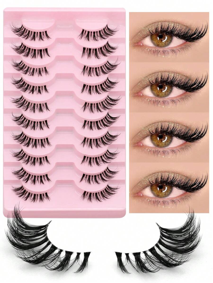 GROINNEYA 10对半框假睫毛，透明带猫眼短款柔软3D貂毛睫毛，自然妆效（JA2511）