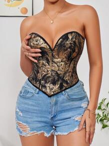 1pc Gold Corset Tops For Women Strapless Lace Up Boned Sweetheart Neck Bodyshaper Bustier Sexy Crop Top