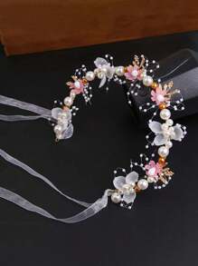 1pc Flower Girl Headpiece, Korean Princess Forest Style Floral Crown Headband, Suitable For Weddings, Parties, Formal Ceremonies, Pearl Flower Wreath Headband, Sweet European-Style Wedding Teen Headpiece. Valentine's Day Gift. - Multicolor - View 5