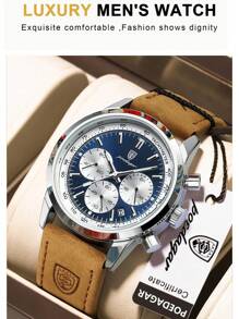 POEDAGAR 男士时尚石英腕表，PU皮表带，防水，夜光，日期显示，适合日常佩戴，男士礼物 - 藍色 - 查看 9