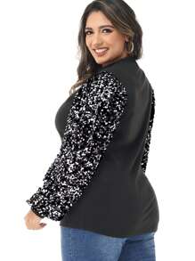 Women's Plus Size Sparkle Sequin Sweatshirt Mock Neck Pullover Long Sleeve Glitter Party Tops - 黑與白 - 查看 2