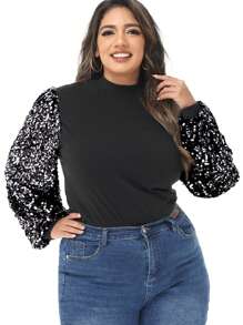 Women's Plus Size Sparkle Sequin Sweatshirt Mock Neck Pullover Long Sleeve Glitter Party Tops - 黑與白 - 查看 4