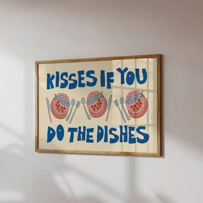 洗碗时亲吻印刷品、厨房艺术印刷品、墙面艺术、极简主义墙面艺术、公寓装饰、复古墙面艺术、蓝色墙面艺术、无框、帆布、海报礼物生日毕业厨房装饰
