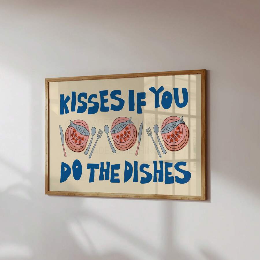 Tranh in Kisses If You Do The Dishes, Tranh in nghệ thuật nhà bếp, Tranh treo tường, Tranh treo tường tối đa, Trang trí căn hộ, Tranh treo tường cổ điển, Tranh treo tường màu xanh, Không khung, Tranh canvas, Quà tặng áp phích, Sinh nhật, Tốt nghiệp, Trang trí nhà bếp - Màu Khaki - Xem 1