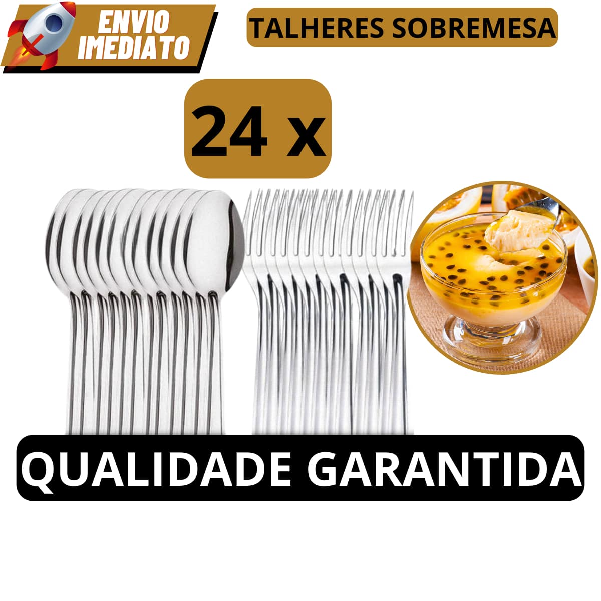 Jogo de Talheres SOBREMESA 24 Peças Aço Inox 12 Garfos Sobremesa e 12 Colheres Sobremesa - Multicolorido - Visão 1