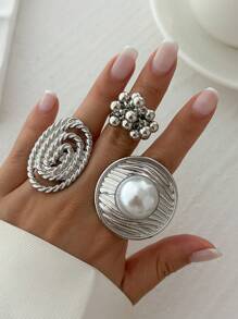 1 pieza Anillo ajustable con espiral de metal multielemental vintage y único, con adorno de perla falsa, joyería adecuada para el uso diario, festivales, fiestas, vacaciones, sesiones de fotos, desfiles de moda, accesorios decorativos y regalos para mujeres
