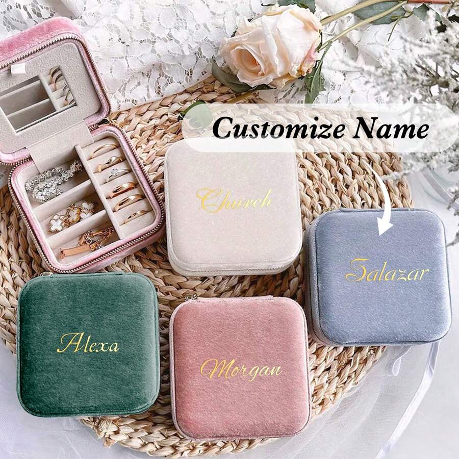 Personalized Items Velvet Jewelry Box Customizable Things Plush Zipper Custom Necklace Ring Organizer Travel Essentials Thoughtful Christmas Gift - Multicolor - View 1