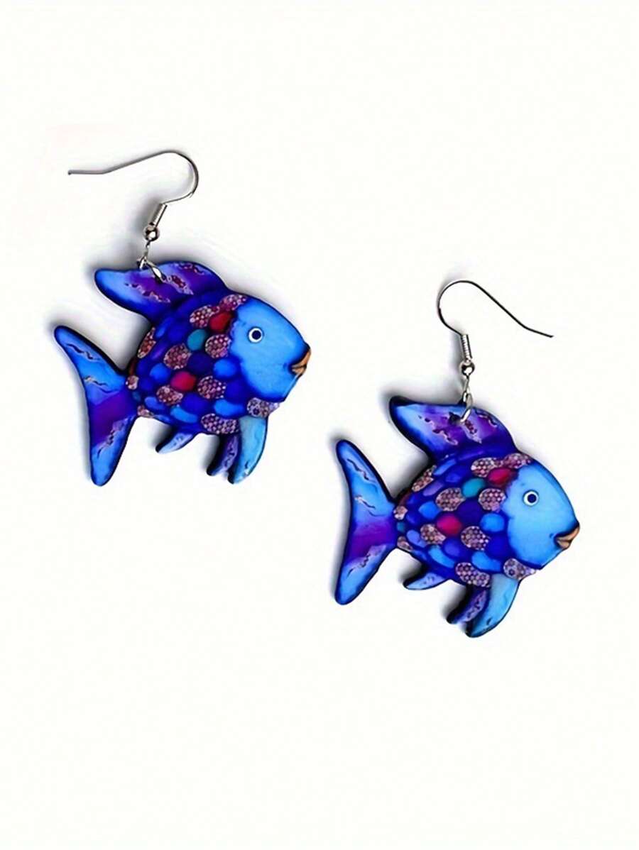 1 par de aretes de acrílico con forma de pez de colores llamativos y diseño de flor divertida, joyería creativa para mujeres