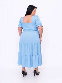 Vestido midi luxo plus size duna com renda na cintura manga curto - Azul bebê - Visão 4