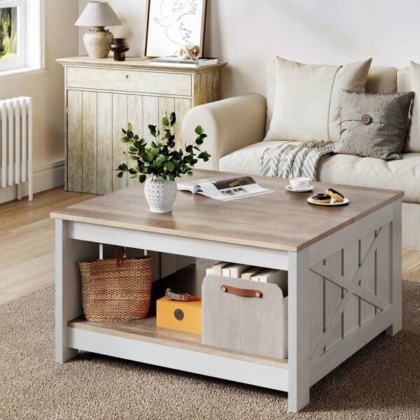 Farmhouse Square Coffee Table With Open Storage Compartment Wood Cocktail Table For Living Room