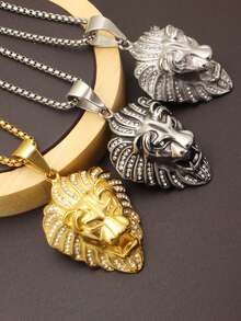 2 piezas un conjunto de joyería con circonita cúbica de acero inoxidable 316l, gran circonita cúbica empotrada para hombre, collar de circonita cúbica chapado en oro de 18K con piedras completas, cabeza de león de animales, regalos de cumpleaños para hombre con cadena de caja de 60 cm de longitud - Dorado - Ver 4