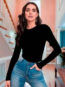 Blusa básica Cuello redondo manga larga ajustada de moda para mujer - Negro - Ver 1