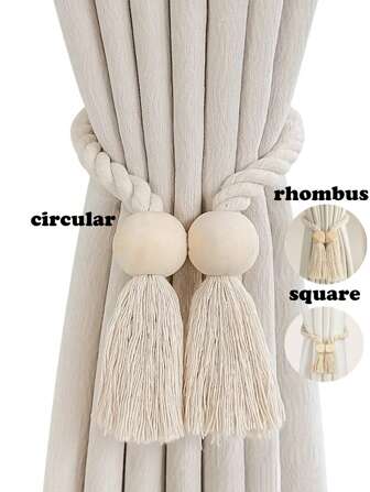 1pc/2pcs/4pcs Cotton Rope & Wooden Rustic Style Tasseled Curtain Tie Backs With Magnetic Clasps, Multiple Styles & Colors Available, Suitable For Curtain Fixing And Storage