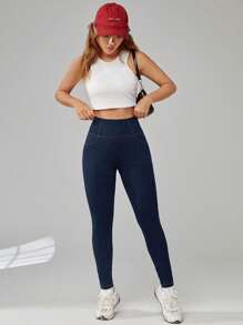 Leggings con diseño mezclilla  termico ideal de temporada invierno Comodo Azul Oscuro - Azul Marino - Ver 5