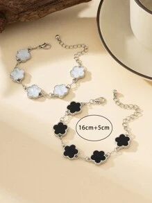 Bộ 2 vòng tay cỏ 4 lá may mắn thời trang đen trắng cổ điển, thích hợp đeo hàng ngày, hẹn hò, tiệc tối - Phụ kiện thanh lịch cho phái nữ, quà tặng cho cặp đôi - Đen và trắng - Xem 5