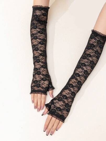 1 par de mangas largas elegantes y de moda con encaje y malla para mujeres