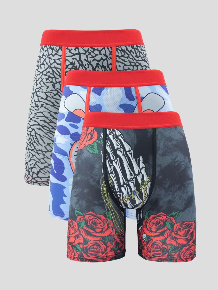 3 件/包 男士印花长款平角内裤