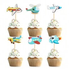 Toppers de Cupcake de Papel com Veículos de Desenho Animado, Carro, Avião, Escavadeira - "Feliz Aniversário!" Palitos de Bolo, Decoração de Festa de Aniversário, Decoração de Chá de Bebê