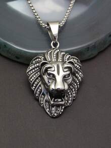 2 piezas un conjunto de joyería con circonita cúbica de acero inoxidable 316l, gran circonita cúbica empotrada para hombre, collar de circonita cúbica chapado en oro de 18K con piedras completas, cabeza de león de animales, regalos de cumpleaños para hombre con cadena de caja de 60 cm de longitud - Dorado - Ver 7