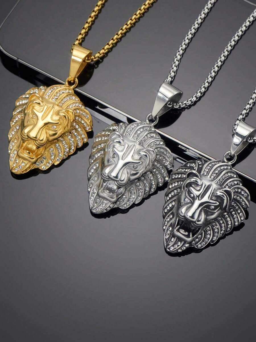 2 piezas un conjunto de joyería con circonita cúbica de acero inoxidable 316l, gran circonita cúbica empotrada para hombre, collar de circonita cúbica chapado en oro de 18K con piedras completas, cabeza de león de animales, regalos de cumpleaños para hombre con cadena de caja de 60 cm de longitud - Dorado - Ver 1