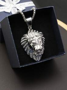 2 piezas un conjunto de joyería con circonita cúbica de acero inoxidable 316l, gran circonita cúbica empotrada para hombre, collar de circonita cúbica chapado en oro de 18K con piedras completas, cabeza de león de animales, regalos de cumpleaños para hombre con cadena de caja de 60 cm de longitud - Dorado - Ver 8