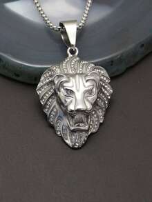 2 piezas un conjunto de joyería con circonita cúbica de acero inoxidable 316l, gran circonita cúbica empotrada para hombre, collar de circonita cúbica chapado en oro de 18K con piedras completas, cabeza de león de animales, regalos de cumpleaños para hombre con cadena de caja de 60 cm de longitud - Dorado - Ver 6