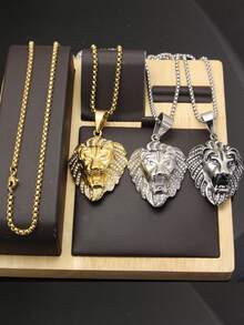 2 piezas un conjunto de joyería con circonita cúbica de acero inoxidable 316l, gran circonita cúbica empotrada para hombre, collar de circonita cúbica chapado en oro de 18K con piedras completas, cabeza de león de animales, regalos de cumpleaños para hombre con cadena de caja de 60 cm de longitud - Dorado - Ver 3