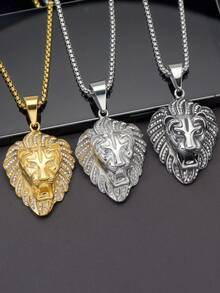 2 piezas un conjunto de joyería con circonita cúbica de acero inoxidable 316l, gran circonita cúbica empotrada para hombre, collar de circonita cúbica chapado en oro de 18K con piedras completas, cabeza de león de animales, regalos de cumpleaños para hombre con cadena de caja de 60 cm de longitud - Dorado - Ver 2