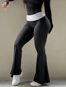 Y2K 拼接撞色高腰宽腰带褶皱修身喇叭裤健身休闲舒适喇叭裤 - 彩色 - 查看 2