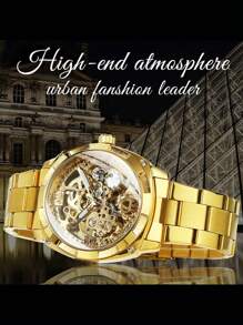 FORSINING 1pc Men Luxury Retro Gold Square Transparent Skeleton Automatic Mechanical Watches Luminous Hands Stainless Steel Strap Business Casual Men Watch Festival Birthday Gifts
