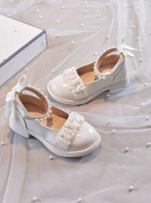 Mädchen Prinzessinnen Schuhe, 4 Jahreszeiten Britischer Stil Lederschuhe, Weiche Sohle Rutschfeste Mary Jane Schuhe mit Schleife & Perlen Dekor, Mädchen Riemen Design PU Ballerinas