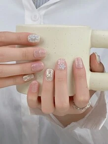 10Pcs Fresh Nature-Inspired 3D Handpainted Pearl Flower Square & Round Nail Art Decals Press On Nails Nail Supplies Nails - Multicolor - View 4