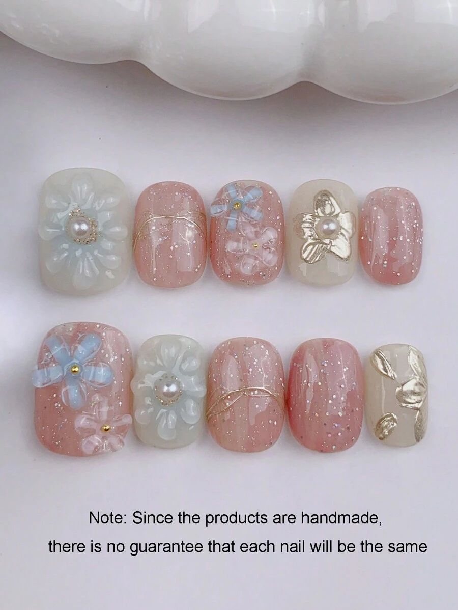 10Pcs Fresh Nature-Inspired 3D Handpainted Pearl Flower Square & Round Nail Art Decals Press On Nails Nail Supplies Nails - Multicolor - View 1